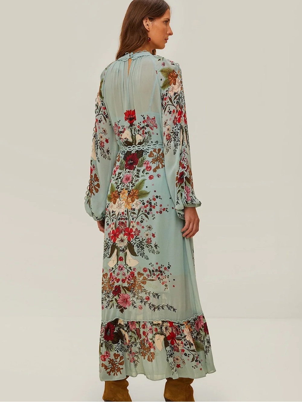 Farm Rio Dress Medium Beauty Bouquet Floral Long Sleeve Maxi Green Maxi Boho - Picture 4 of 16